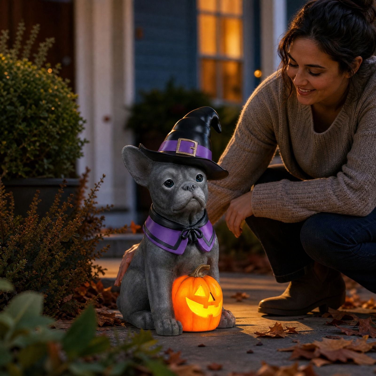 Clearance Halloween Schnauzer Bat Figurine with Ghost Bucket, 8 inch Resin Cute Dog Gifts Tabletop Decor