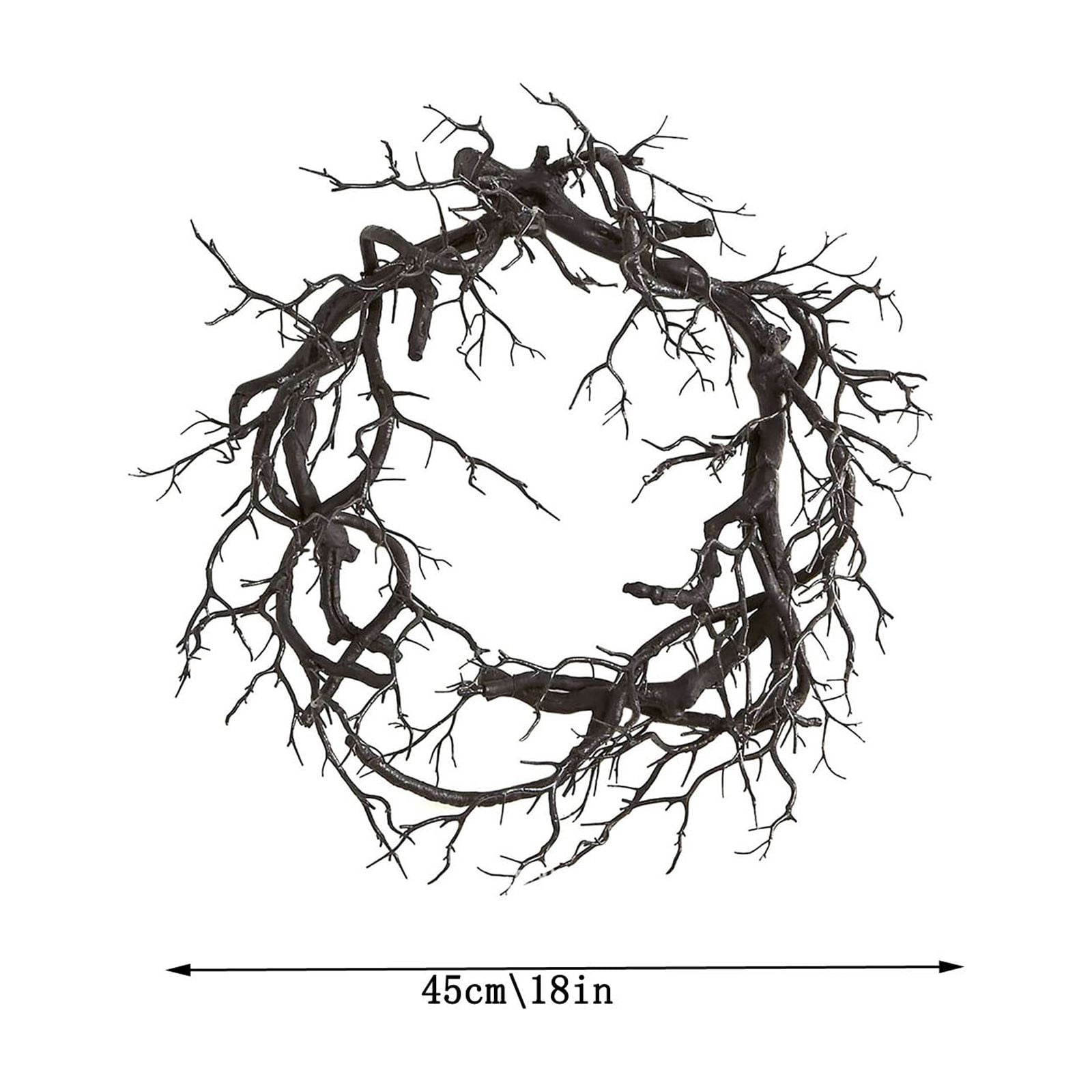 18 Inch Black Artificial Dead Branch Wreath, Twisted Bare Twig Halloween Wreath Frame, Spooky Gothic Twig Garland Base for Front Door Table Centerpiece Halloween DIY Decor