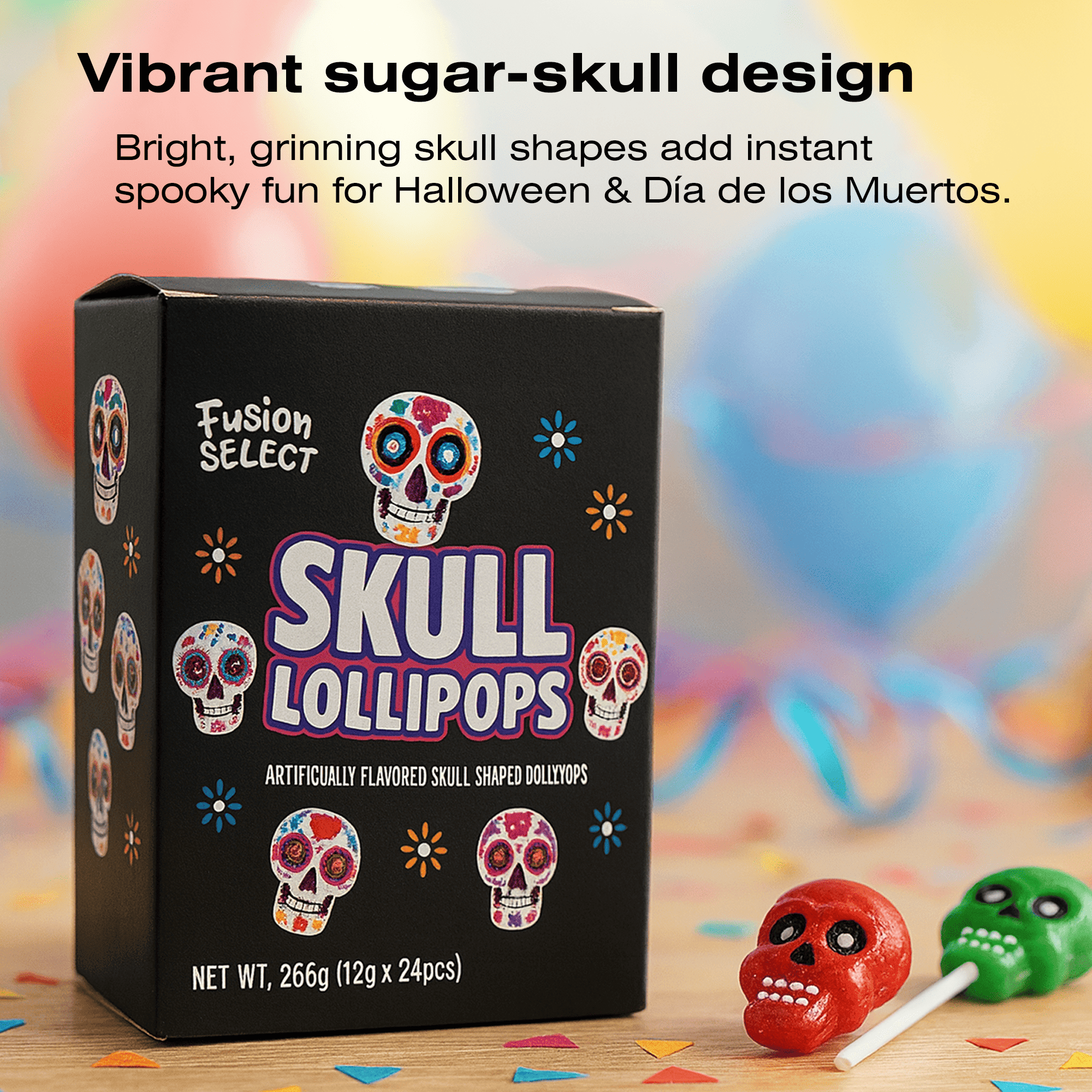 Fusion Select 24 Pcs Sugar Skull Lollipops - Colorful Halloween & Day of the Dead Candy - Individually Wrapped Novelty Treats for Kids - For Trick or Treat, Themed Party Favors & Celebrations