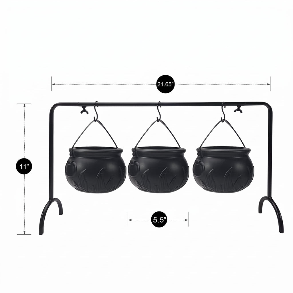 Halloween Decoration Witches Cauldron Serving Bowls on Rack Set of 3 Black Plastic Candy Bucket for St. Patrick’s Day Indoor Outdoor Home Kitchen Decoration