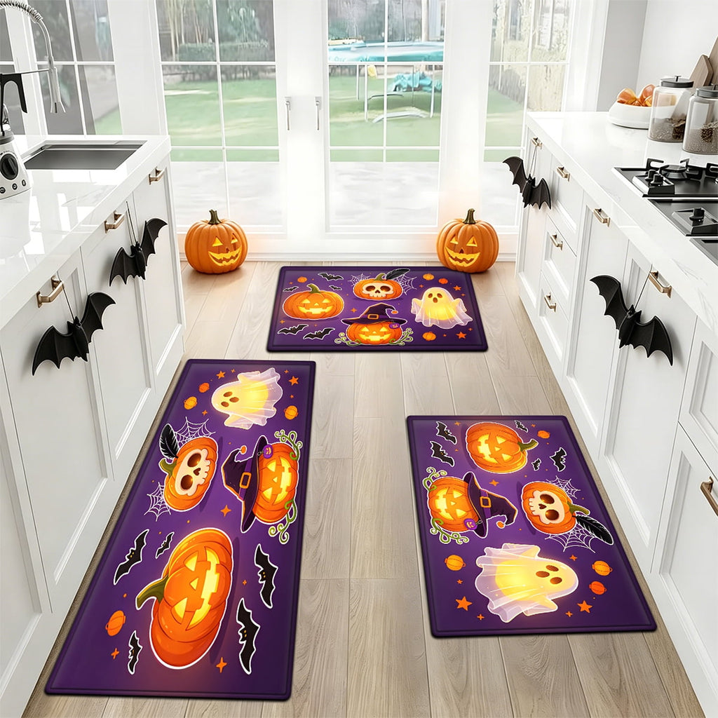 YIMEIS Halloween Neon Pumpkin Lanterns 3Pcs Flannel Mat & Kitchen Rugs Set,Soft Non-slip,16''×24'' 20''×30'' 17''×47'' Inches,for Entryway Bathroom