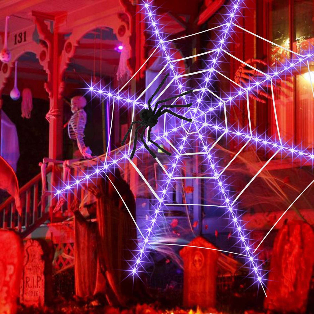 Loyerfyivos Spider Webs Halloween Decorations Lights, 2024 12ft Halloween Spider Web Lights with 1 Spider, 8 Modes, Waterproof & Timer, Perfect Outdoor Yard Halloween Decorations - Purple