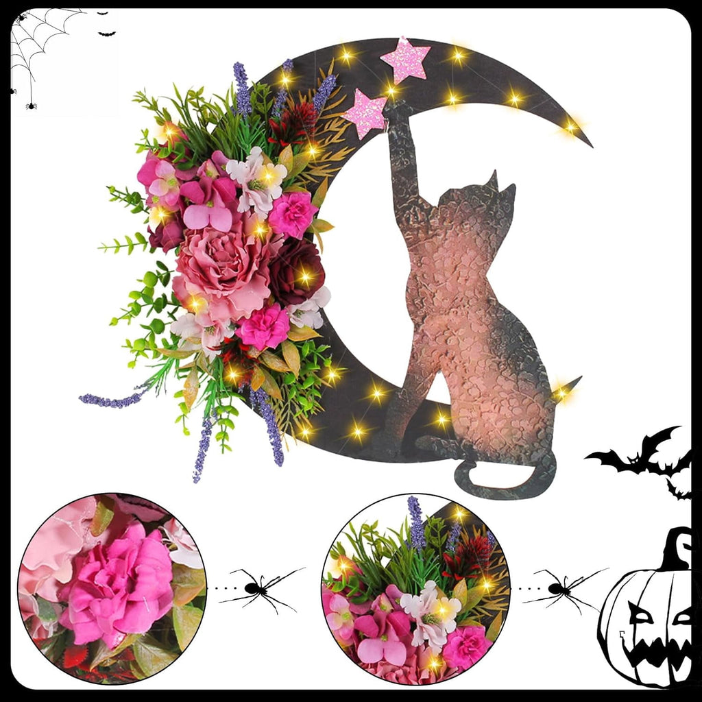 Halloween Wreaths For Front Door, Flower Moon Cat Halloween Home Decoration, Halloween Family Gathering Decoration Wreath，Outdoor, Wall, Closet, Fence, Wreath Halloween (Pink roses)