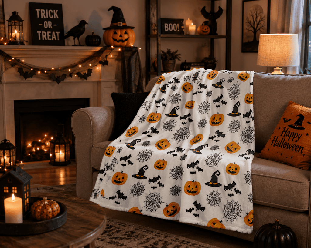 Serafina Home Halloween Throw Blanket: Fuzzy Boo! Jack O'Lantern Spider Webs Skull and Black Cats Print on Velvet Fleece for Sofa Bed Couch Chair Dorm