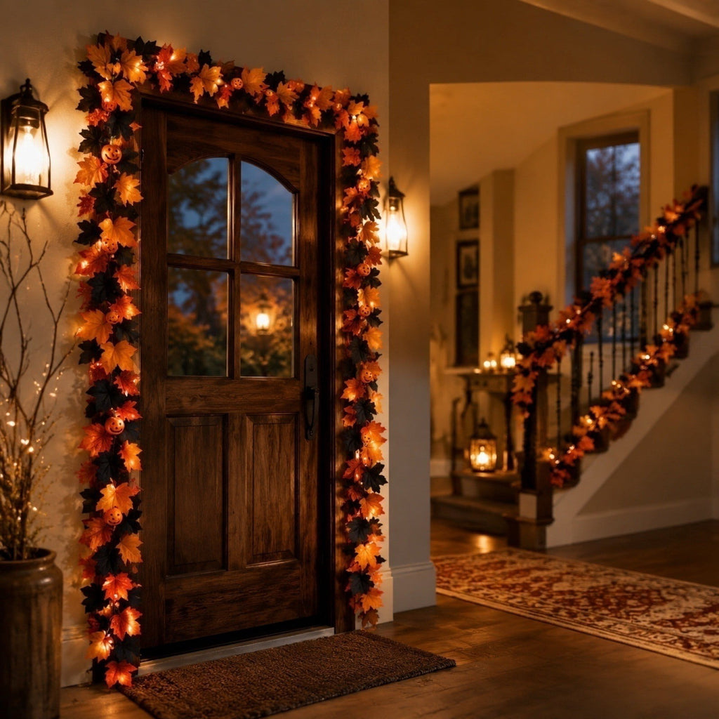 WKSCLPAI Halloween Maple Leaf Garland, Fall Vine Wreaths for Autumn Festivities Decor,Seasonal Garlands for Home,Halloween & Fall Decorations