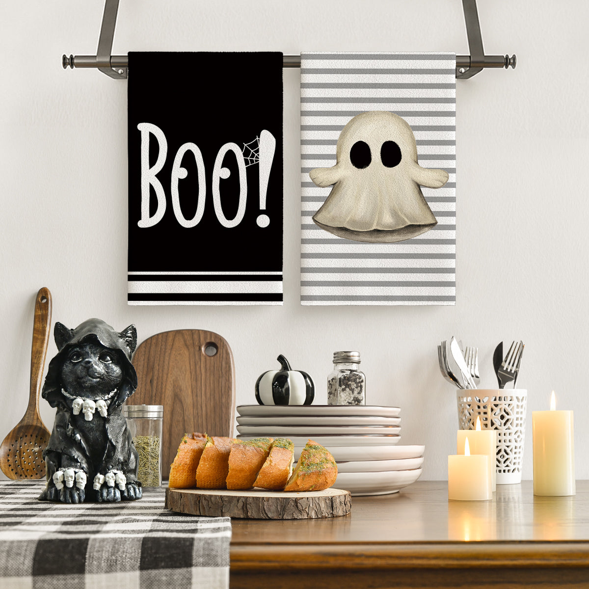 Sm:)e Spooky Pumpkin Ghost Boo Bat Halloween Kitchen Dish Towels 2 Set 18 x 26 inch