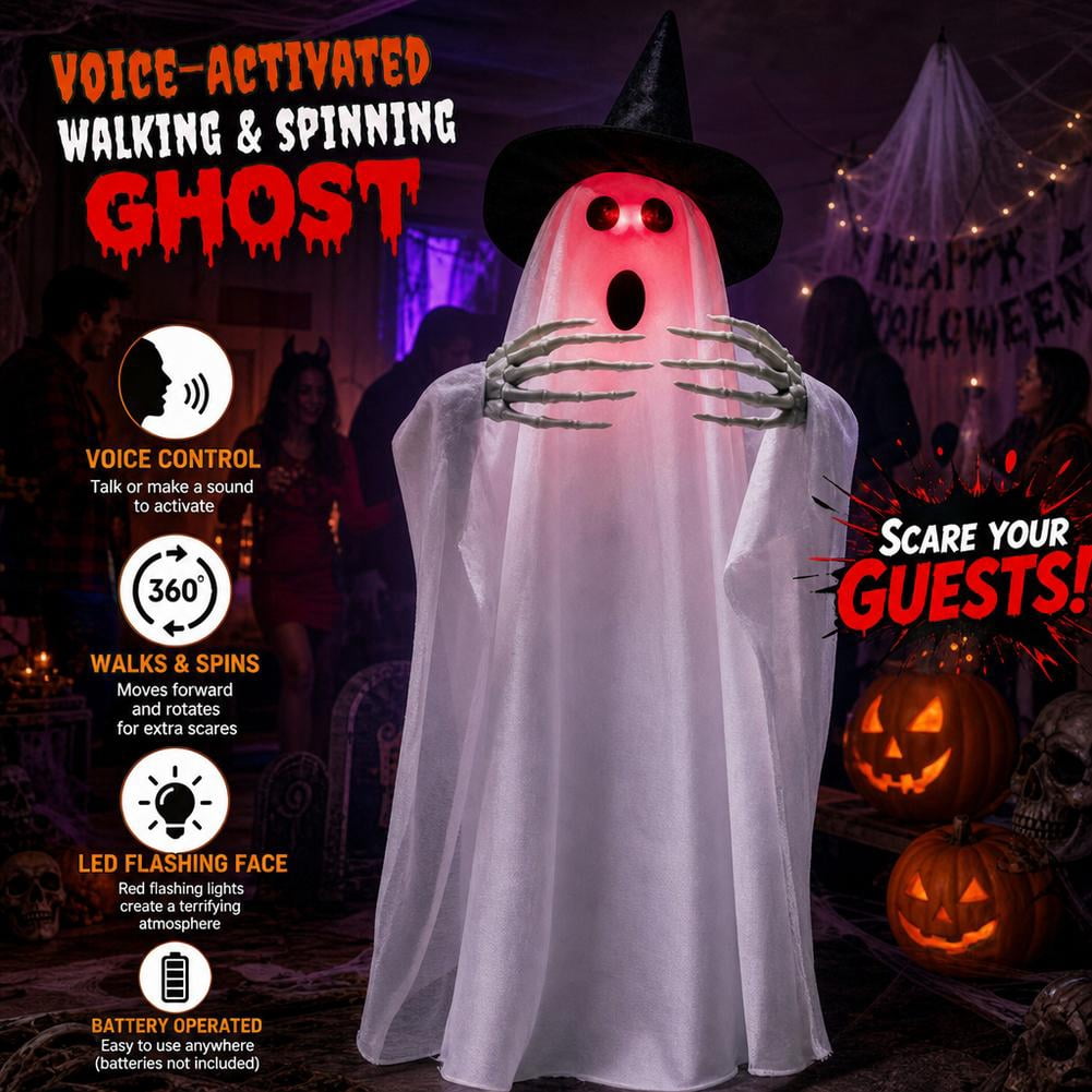 Halloween Animated Ghost Decorations, 26 Inch Sound Activated LED Ghost Prop, Walking Rotating Light Up Decor for Haunted House, Porch, Yard Party