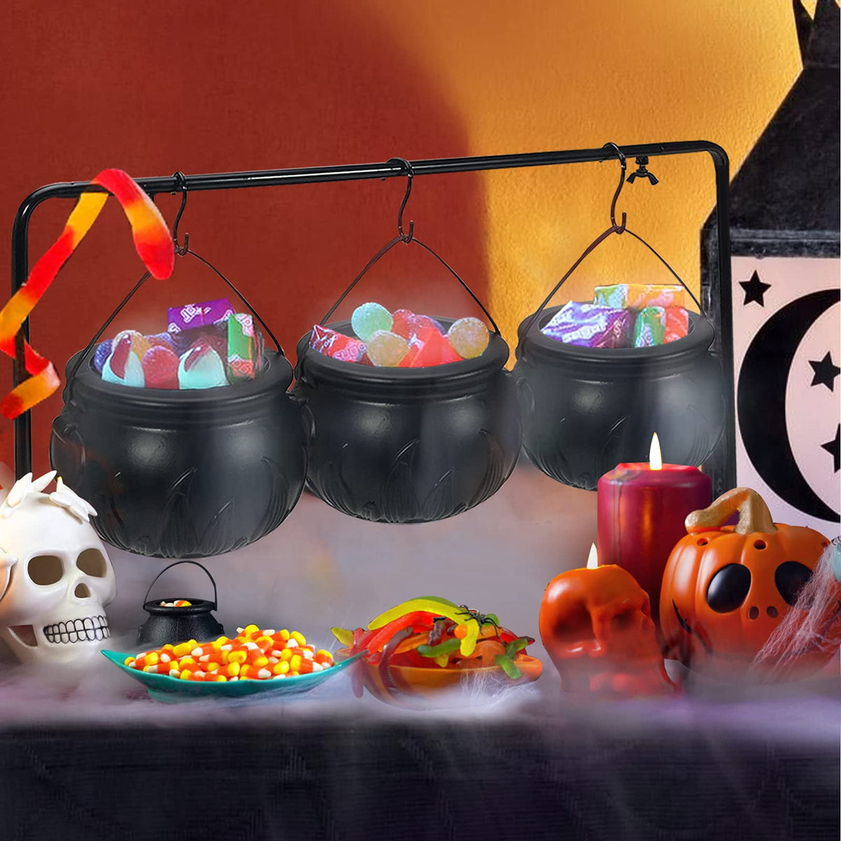 Halloween Decoration Witches Cauldron Serving Bowls on Rack Set of 3 Black Plastic Candy Bucket for St. Patrick’s Day Indoor Outdoor Home Kitchen Decoration