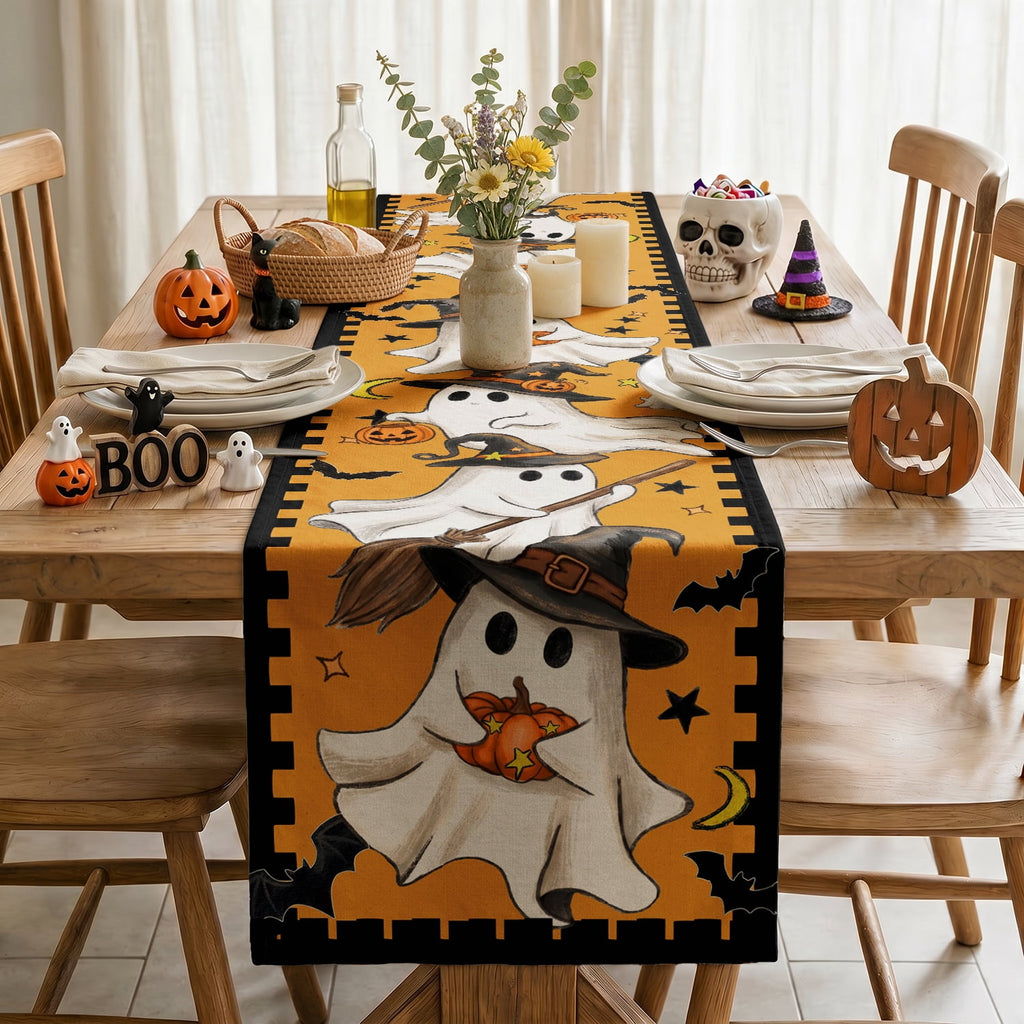 Sm:)e Halloween Table Runner Ghost Pumpkin 13x72 Inch, Halloween Party Kitchen Dining Indoor Outdoor Decorations,Orange