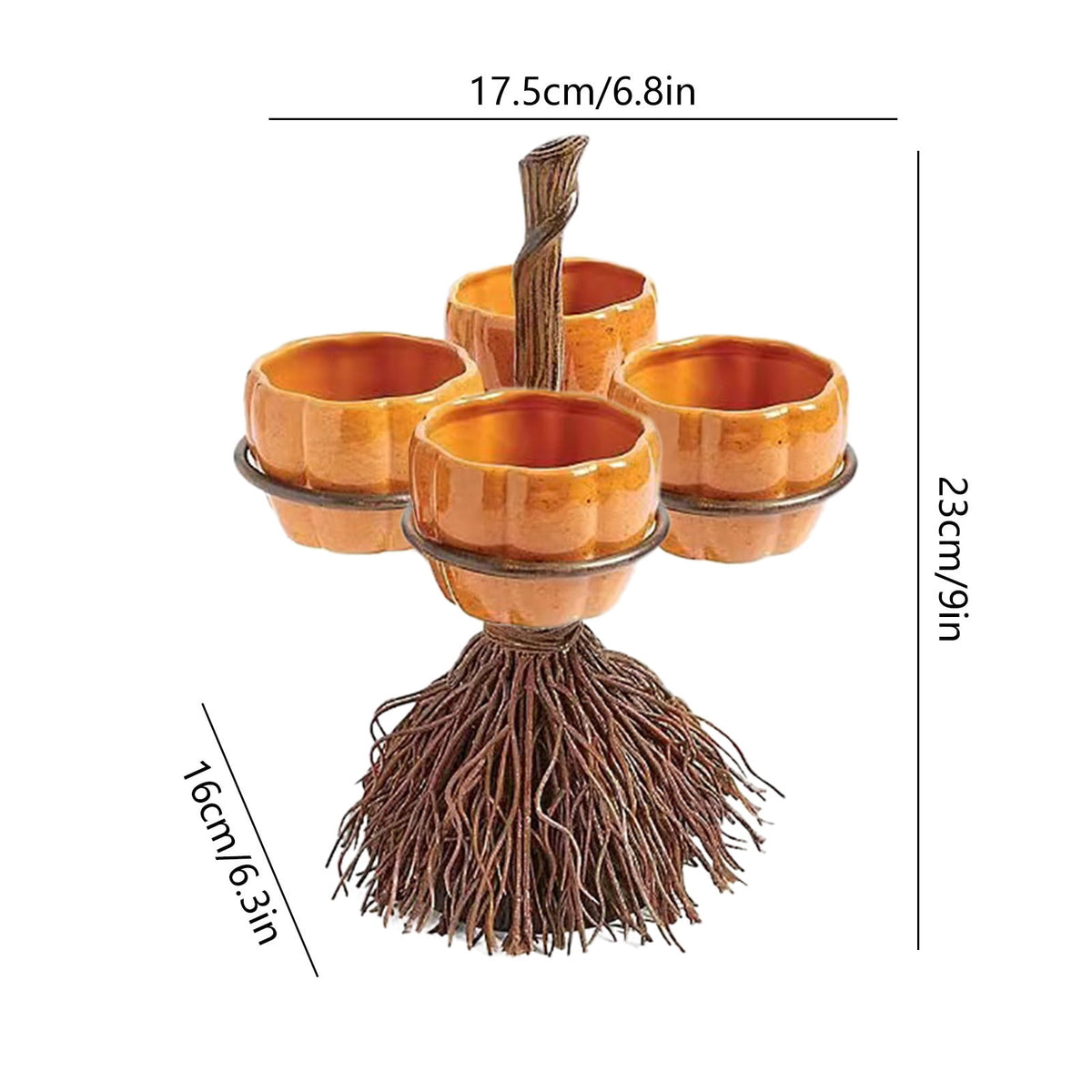Diceymbol Halloween Pumpkin Snack Bowl Stand Collapsible Broomstick Candy Tray for Cupcakes & Desserts, Resin Serving Platter with Ceramic Pumpkin Bowls