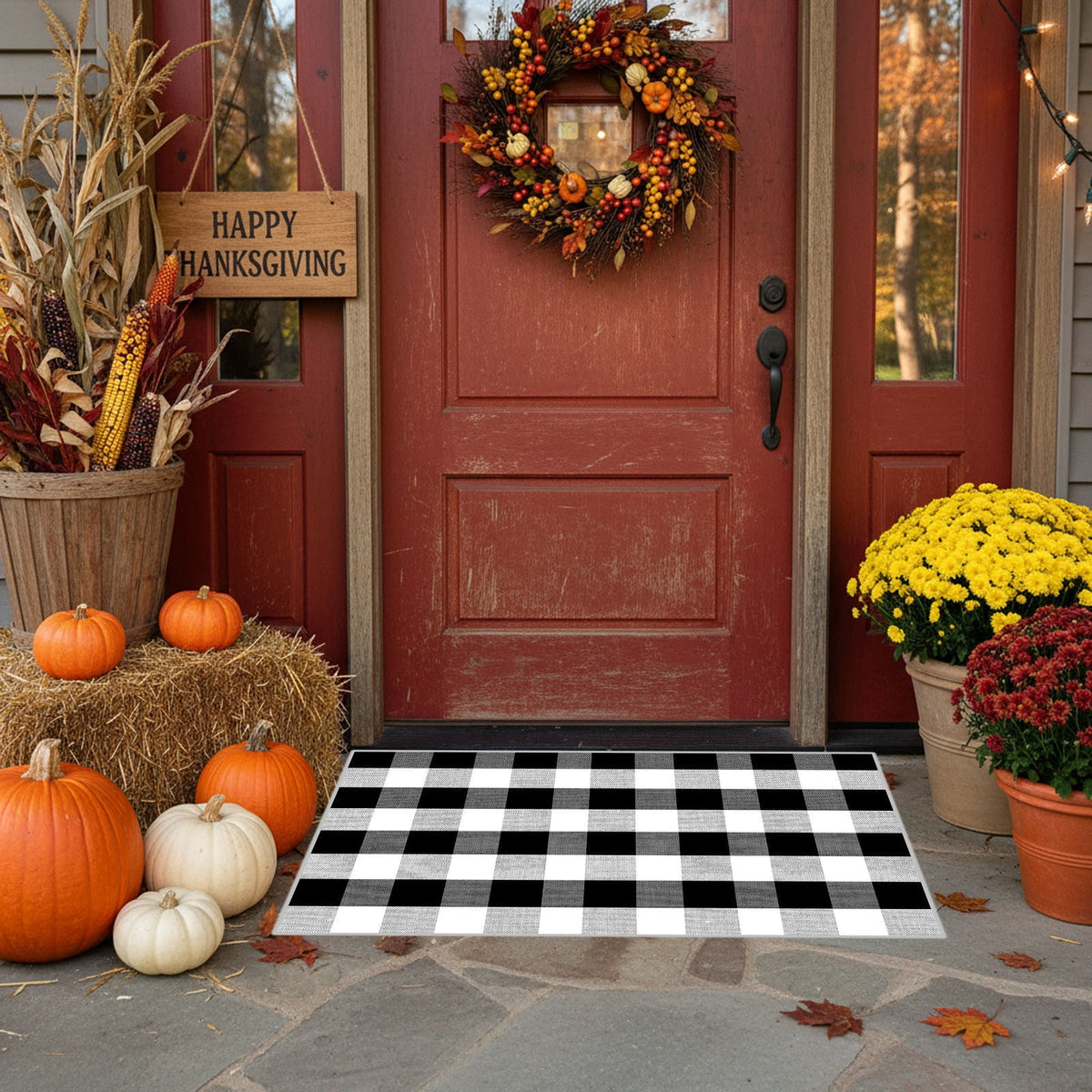 Halloween Fall Outdoor Rug Plaid Rug Foldable Floor Mat for Thanksgiving Front Door Front Porch Farmhouse Entryway Patio Decoration