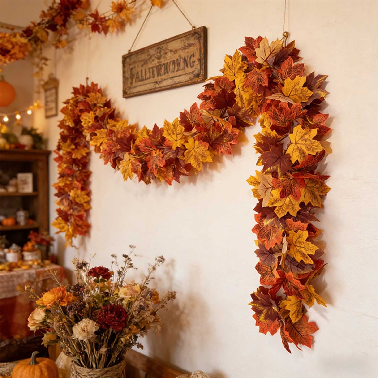 WKSCLPAI Halloween Maple Leaf Garland, Fall Vine Wreaths for Autumn Festivities Decor,Seasonal Garlands for Home,Halloween & Fall Decorations