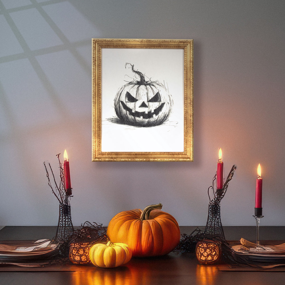 My Texas House Framed Halloween Black and White Pumpkin Art Print 9x11