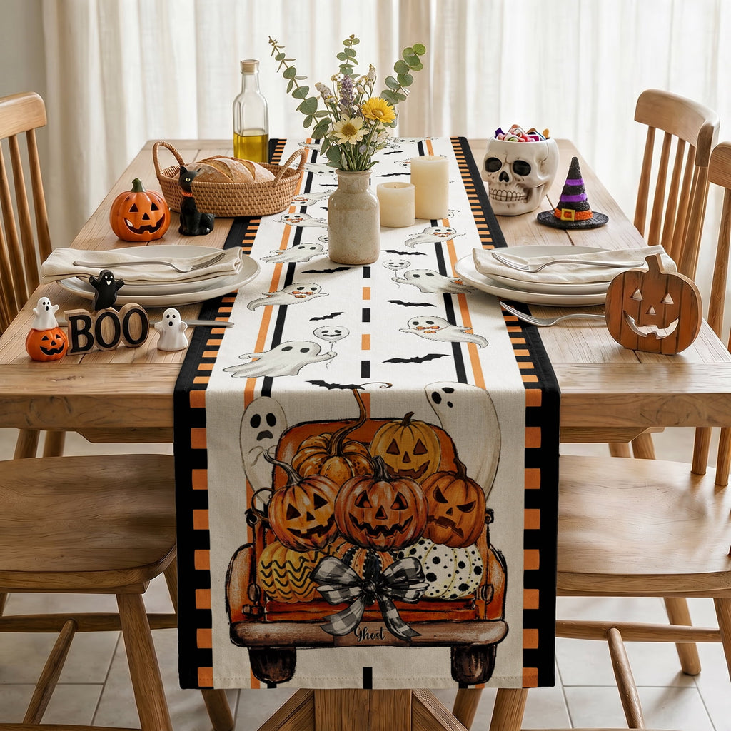 Sm:)e Halloween Table Runner Ghost Pumpkin 13x72 Inch, Halloween Party Kitchen Dining Indoor Outdoor Decorations,Orange