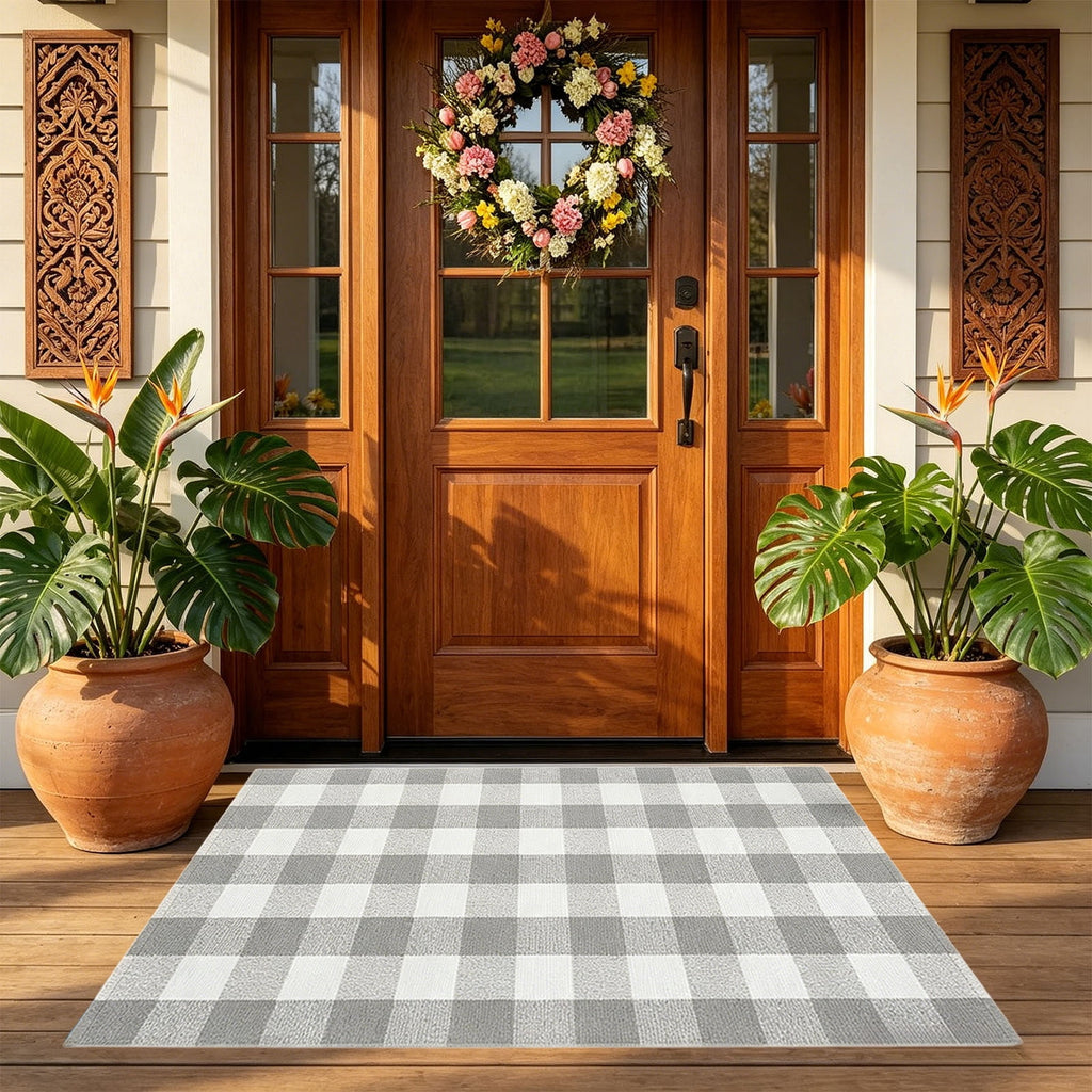 Orange Plaid Fall Outdoor Mat, Hand-Woven Porch Rug for Thanksgiving Halloween Door Decor