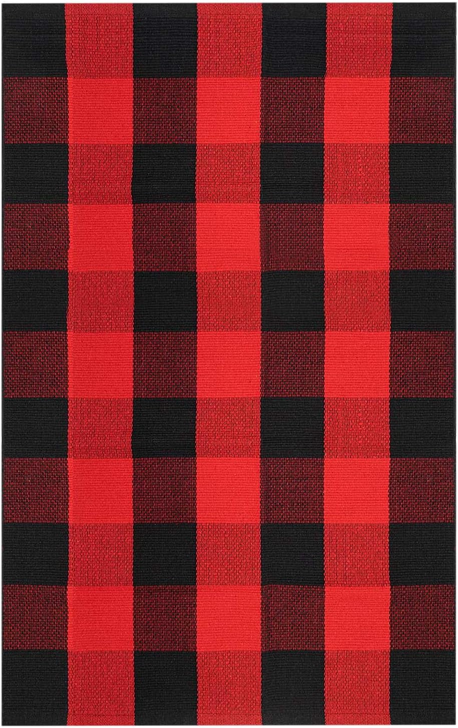 HearthHarmony Buffalo Plaid Area Rugs 2x3 Ft Brown and Black Checkered Rugs Washable Front Door Mat Hand Woven Cotton Outdoor Small Rug for Front Porch Kitchen Entryway Patio Bathroom