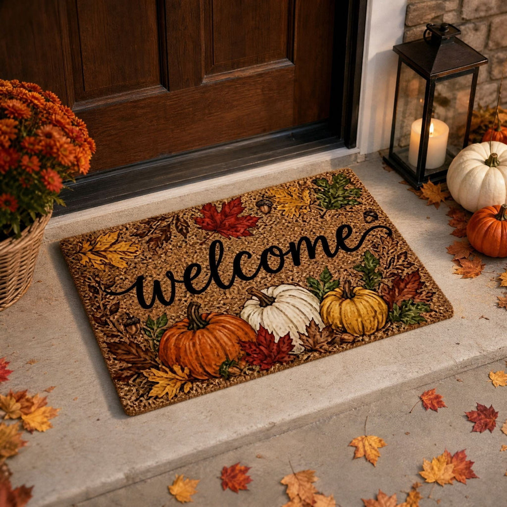 Fall Thanksgiving Welcome Doormat with Pumpkin Maple Leaf Design 15.75 x 23.62 Inch Crystal Velvet Seasonal Rug for Entryway Kitchen Home Decor