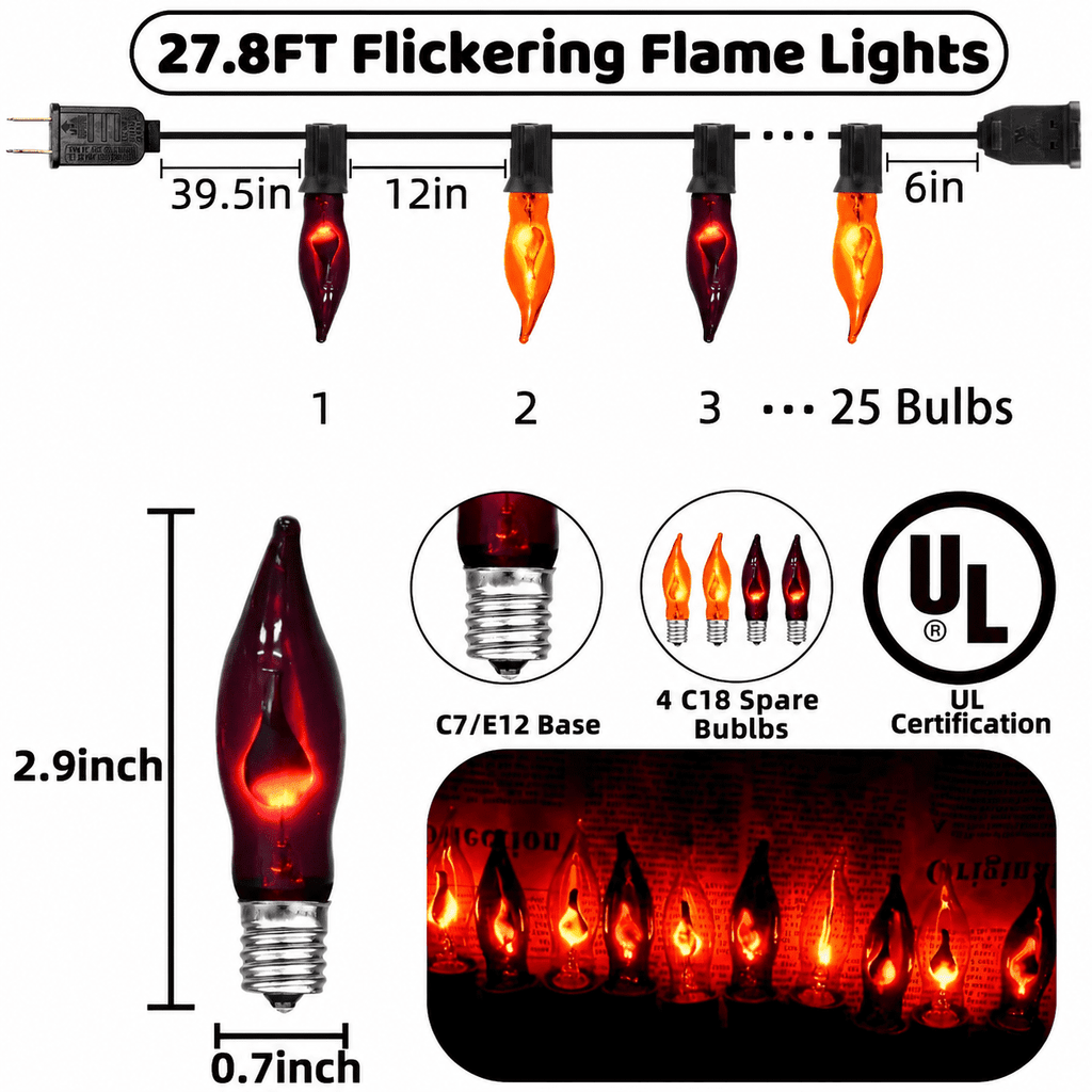 12.8Ft Christmas Lights Flickering Flame String Lights with 12 Pack Clear C7 Flame Light Bulbs（2 Spare）, Great for Indoor Outdoor Home Patio Party Christmas Decorations Lights, 1W, E12 Base