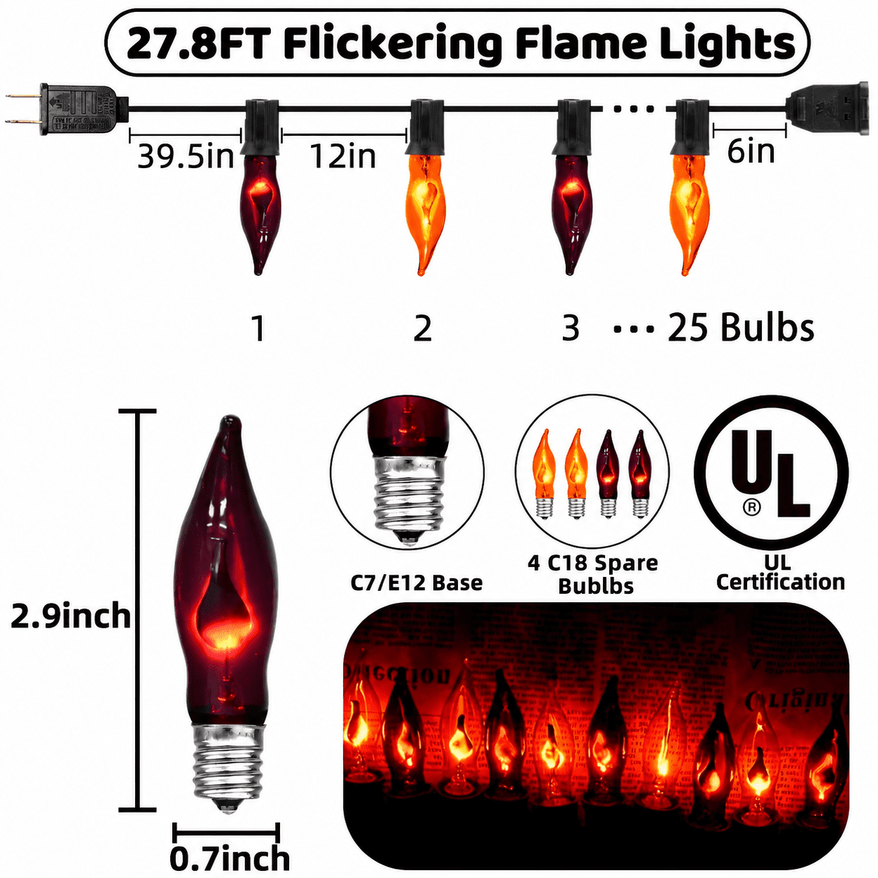12.8Ft Christmas Lights Flickering Flame String Lights with 12 Pack Clear C7 Flame Light Bulbs（2 Spare）, Great for Indoor Outdoor Home Patio Party Christmas Decorations Lights, 1W, E12 Base