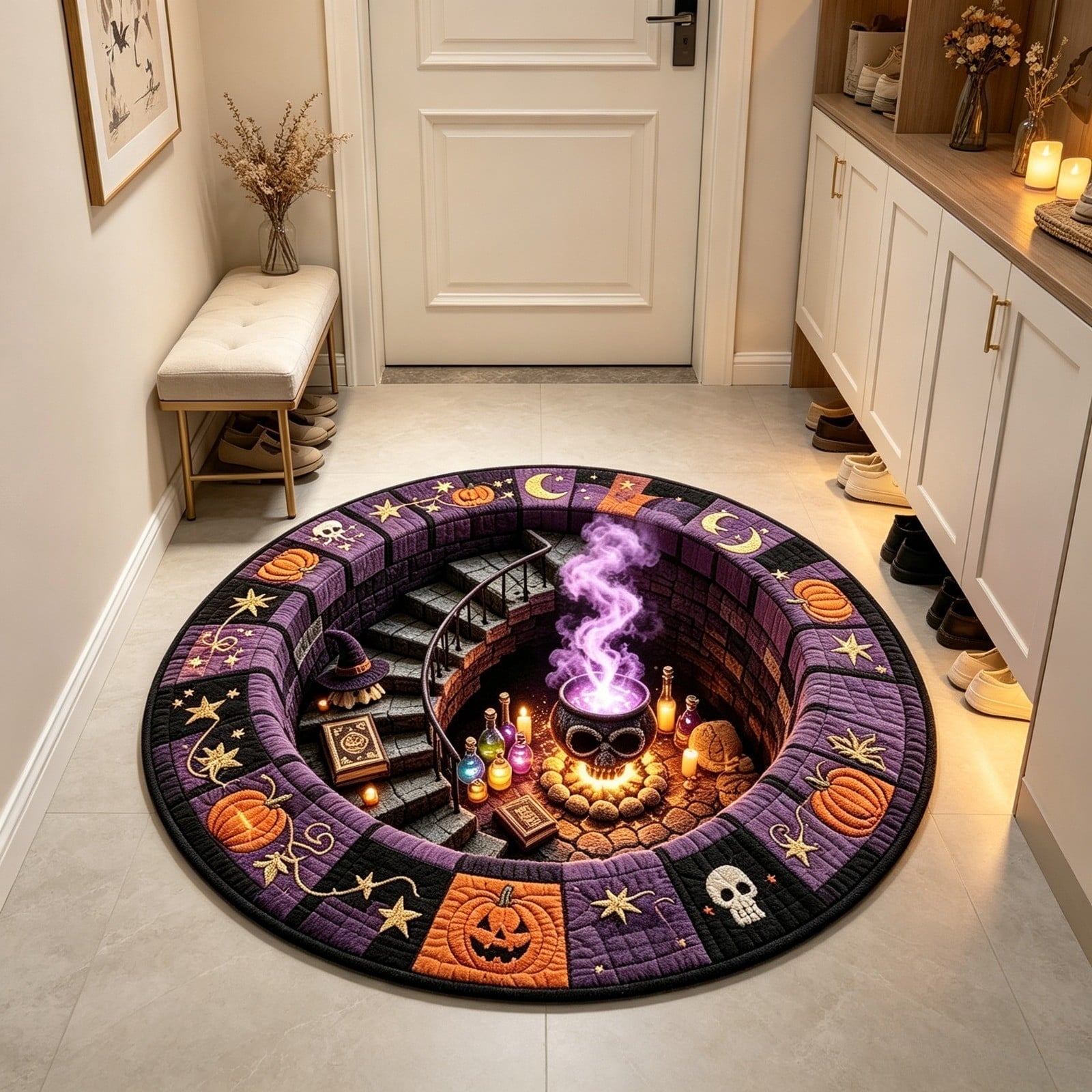 Halloween Wreath Shaped Rugs, Soft Indoor Mat for Entryway, Kitchen, Halloween Party, Pumpkin Witch Spooky Home Decor, 23.62x15.75 Inches