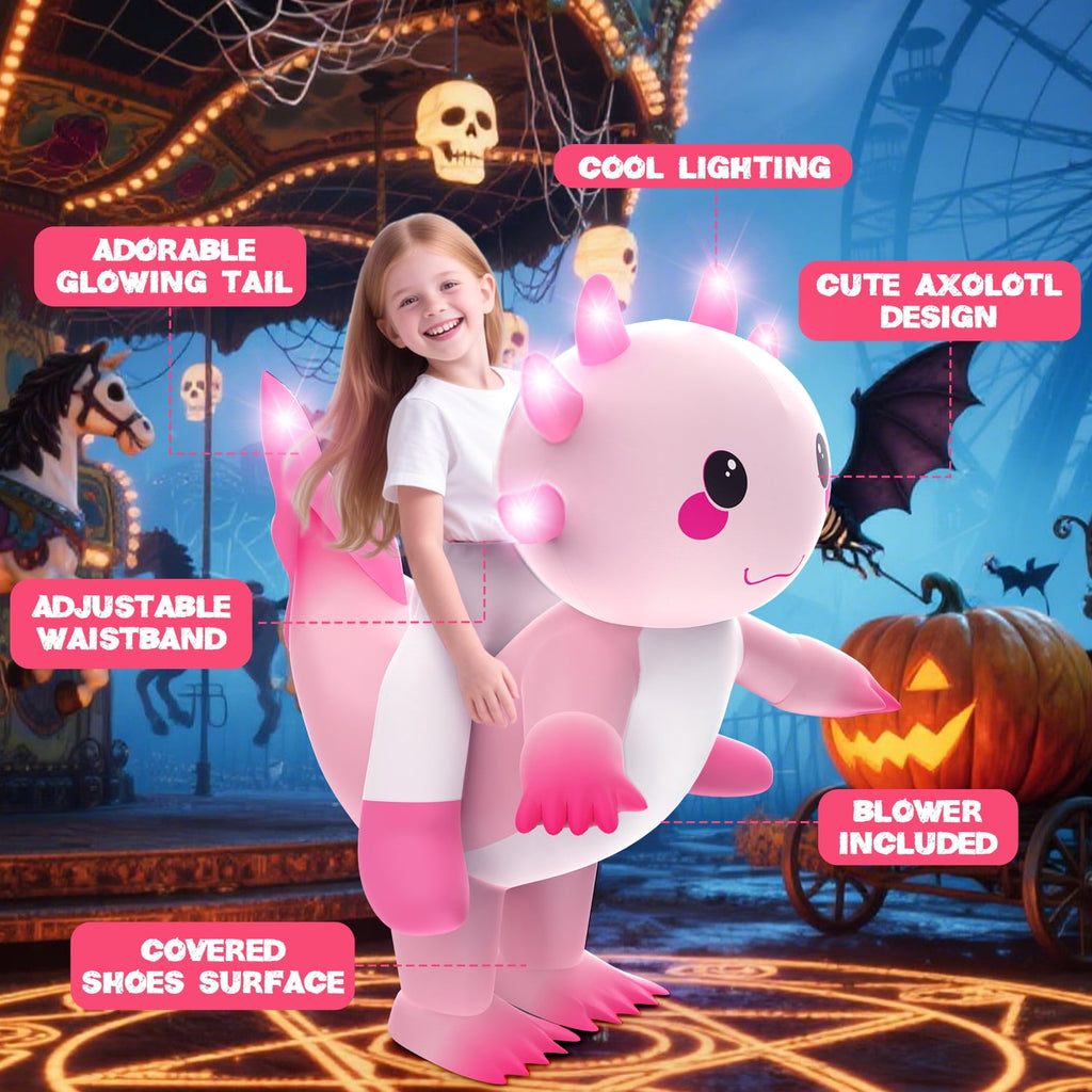 WonderStone Axolotls Inflatable Costume with LED Lights, Halloween Ride-on Costume, Blow-Up Dragon Onesie for Cosplay Party, Suitable for Kids Ages 7-12