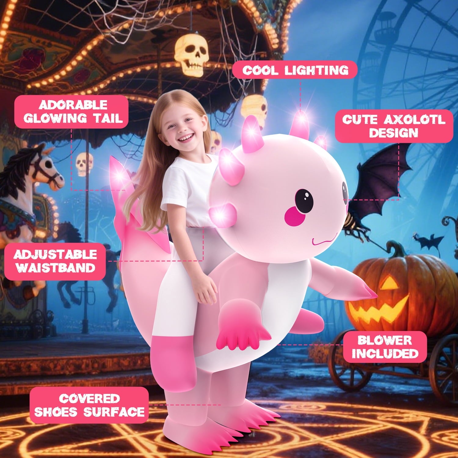 WonderStone Axolotls Inflatable Costume with LED Lights, Halloween Ride-on Costume, Blow-Up Dragon Onesie for Cosplay Party, Suitable for Kids Ages 7-12