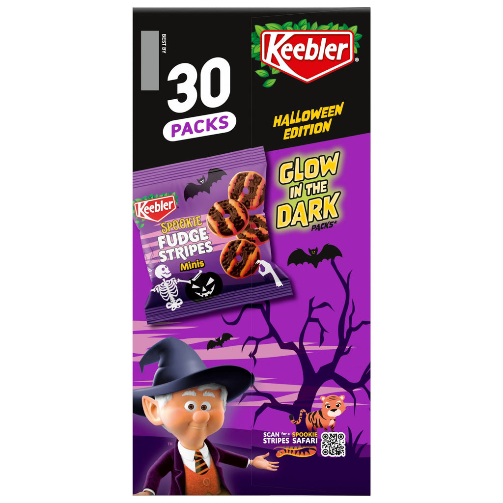 Keebler Spookie Fudge Stripes Minis, Halloween Candy, Chocolatey Cookies, 30 Glow-in-the-Dark Packs, 15 oz