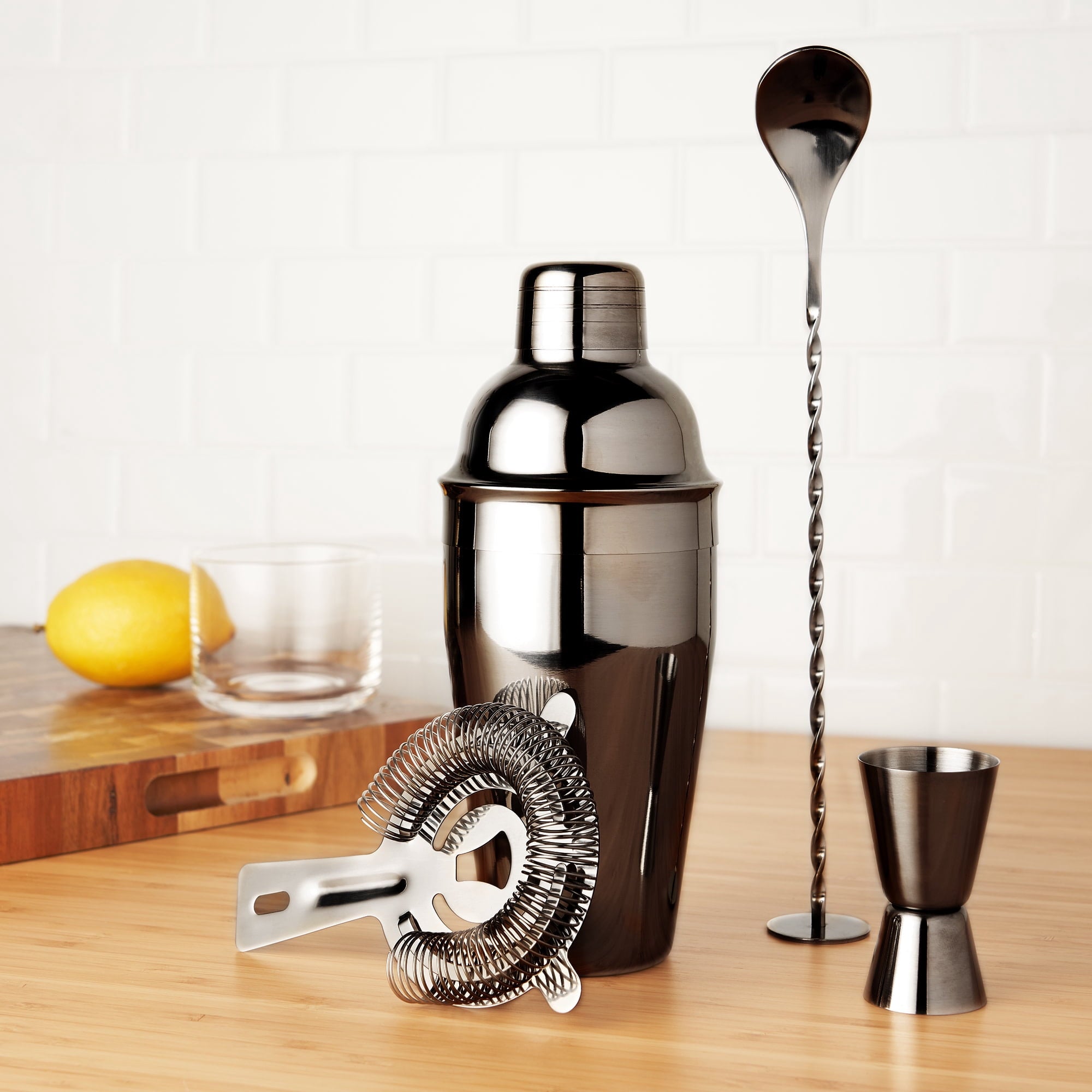 True 4 Piece Black Stainless Steel Barware Set - Cocktail Shaker & Accessories