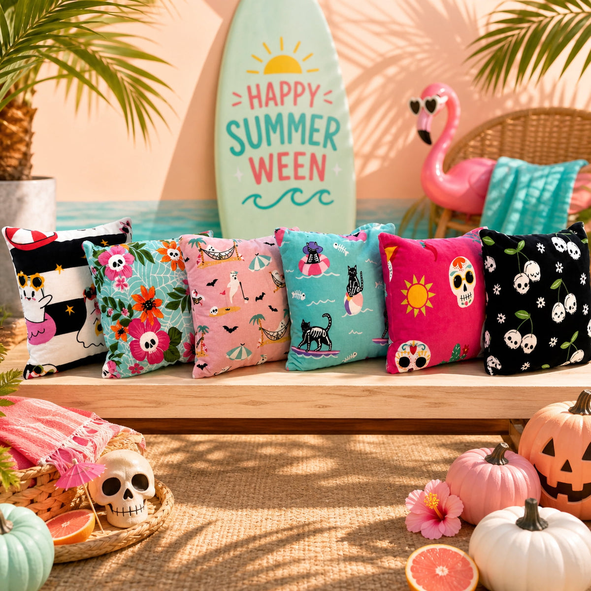 Summerween 18"x18" Plush Decorative Pillow, Vacation Ghosts