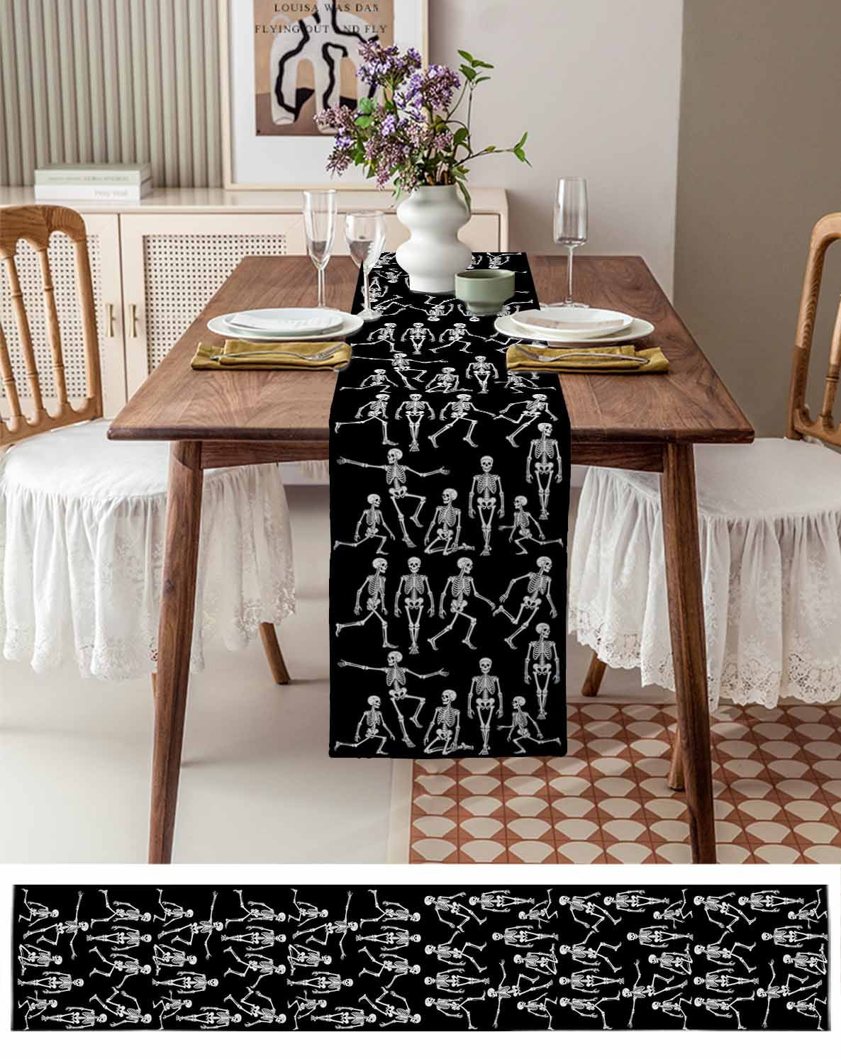 Halloween Burlap Cotton Table Runner 13x120 Inches Long, Funny Skeleton Spooky Scary Skull Black Farmhouse Table Runners, Outdoor Dining Tablecloths Decor for Baby Shower/Party/Wedding