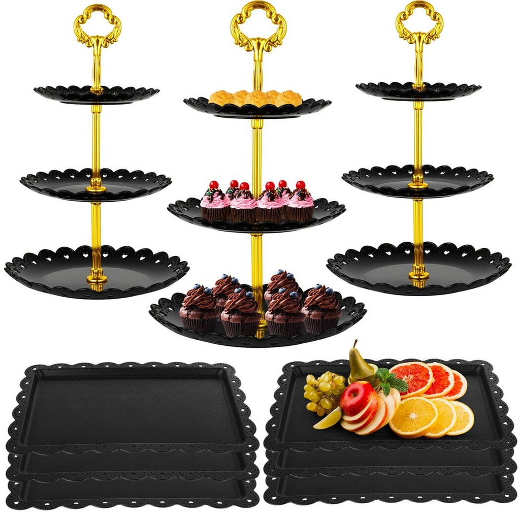 9 Pcs Dessert Table Display Set, 3 Pcs 3-Tiered Cupcake Stands & 6 Pcs Square Dessert Serving Trays, Elegant Cake Stands Fruit Trays for Birthday, Wedding, Tea Party, Halloween
