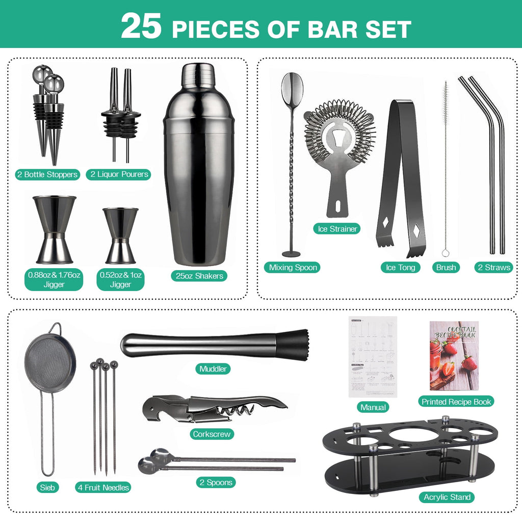 Biemlerfn 25-Piece Cocktail Shaker Set, Mixology Bartender Kit with Acrylic Stand Stainless Steel Bar Tools, Full Bartender Accessories and Recipe Book