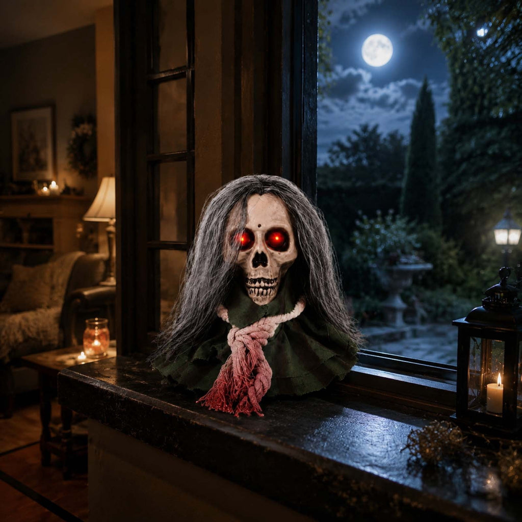 Moving Long Hair Hanging Skull Head Prop, Creepy Animated Halloween Skeleton Decor, Spooky Ornament for House, Party, Indoor Outdoor (Batteries Not Included)