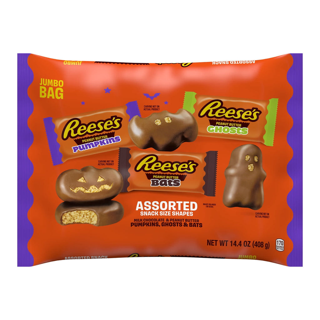 REESE'S Assorted Milk Chocolate Snack Size Peanut Butter Shapes, Halloween Candy Jumbo Bag, 14.4 oz