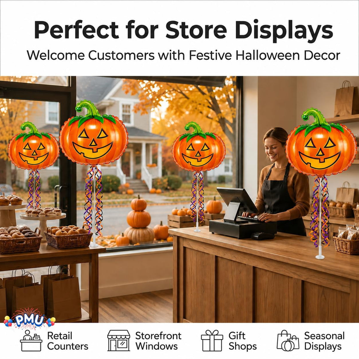PMU Halloween Pre-Inflated Balloons "Whimsical Pumpkin" 9 Inch Air-Filled Pre-inflated with a Cup and a Stick (1/Pkg) Pkg/1