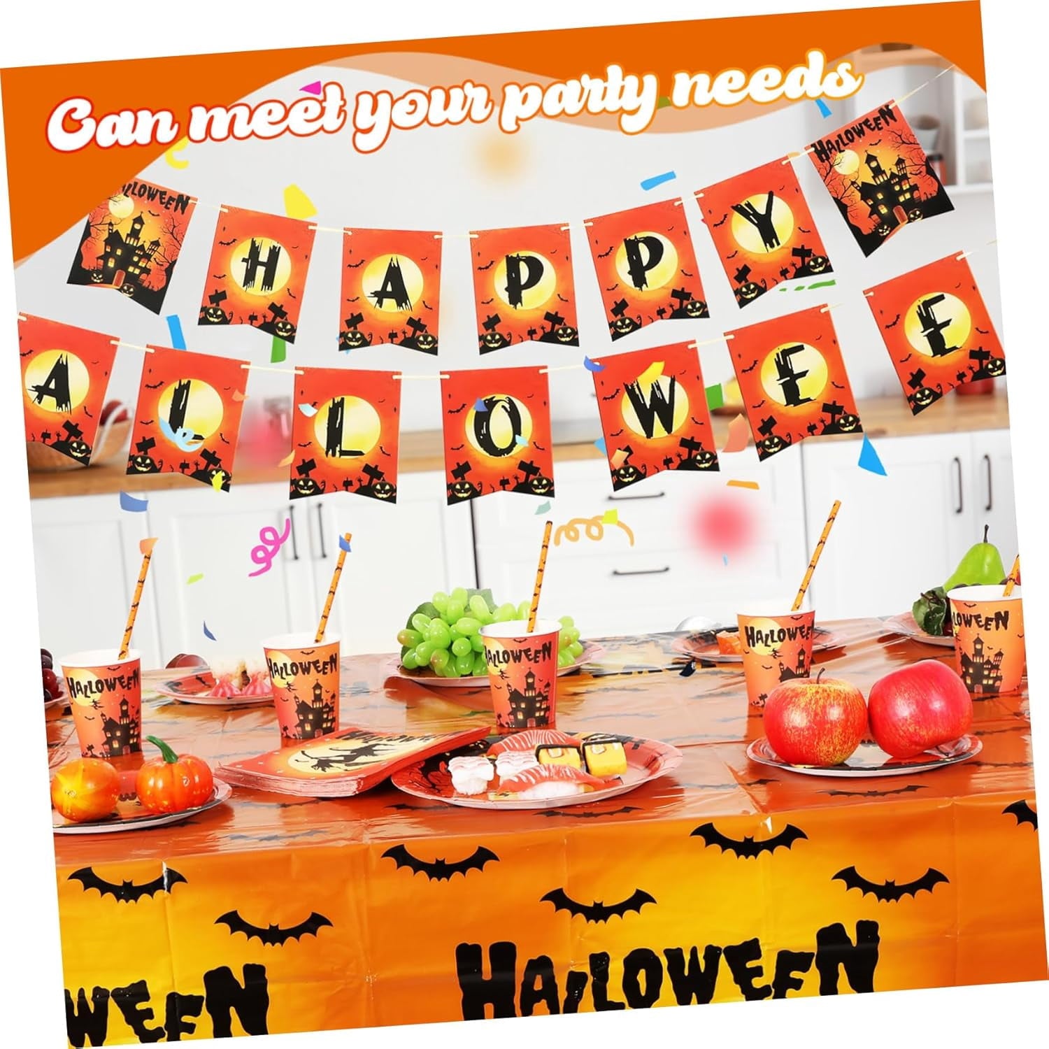 Halloween Party Supplies Decoration Tableware Set,114 Pcs Includes Plates, Napkin,Cup,Straw, Banners, Tablecloth.Halloween Disposable Dinnerware for Halloween Party Decorations,Serve 16