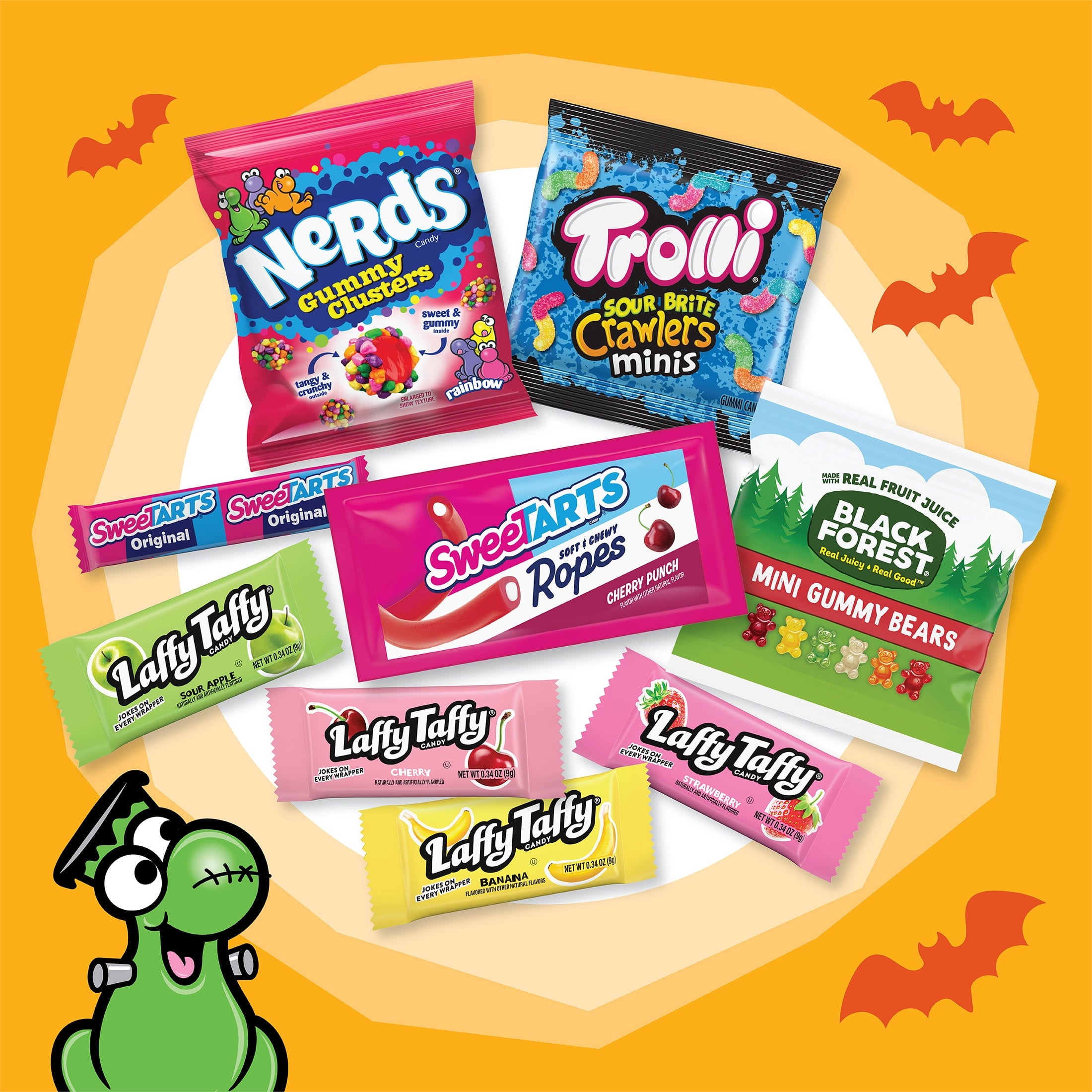 Nerds Fruity Chewy Halloween Trick-or-Treat Variety Bag, NERDS Gummy Clusters, SweeTARTS, Trolli, Laffy Taffy, and Black Forest, 30.2 oz, 90 Count