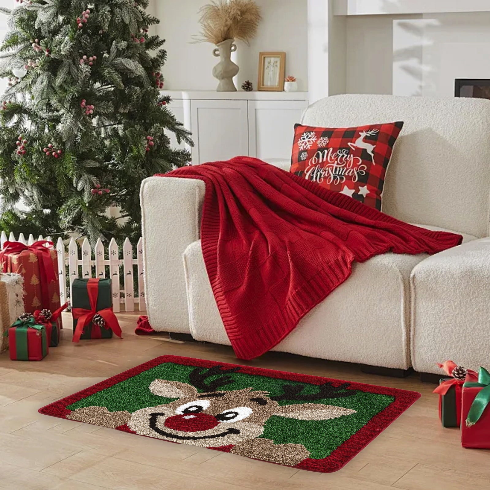 Mats Savings YZEGDCH Christmas Reindeer Rugs- Green Rugs for Living Room Christmas Doormat Indoor Outdoor Entrance Floor Rug Non Slip Winter Christmas Decor Rubber Welcome Mats