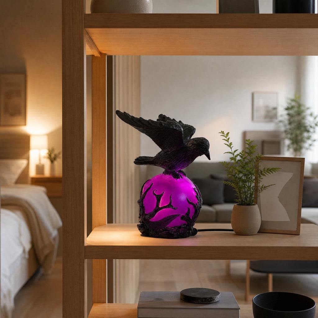 Gothic Mysterious Crow LED Flameless Candle, Luminous Sculpture, Gothic Home Decor Accent, Raven Lamp for Halloween Gifts, Bedroom Bedside, Living Room, Orange