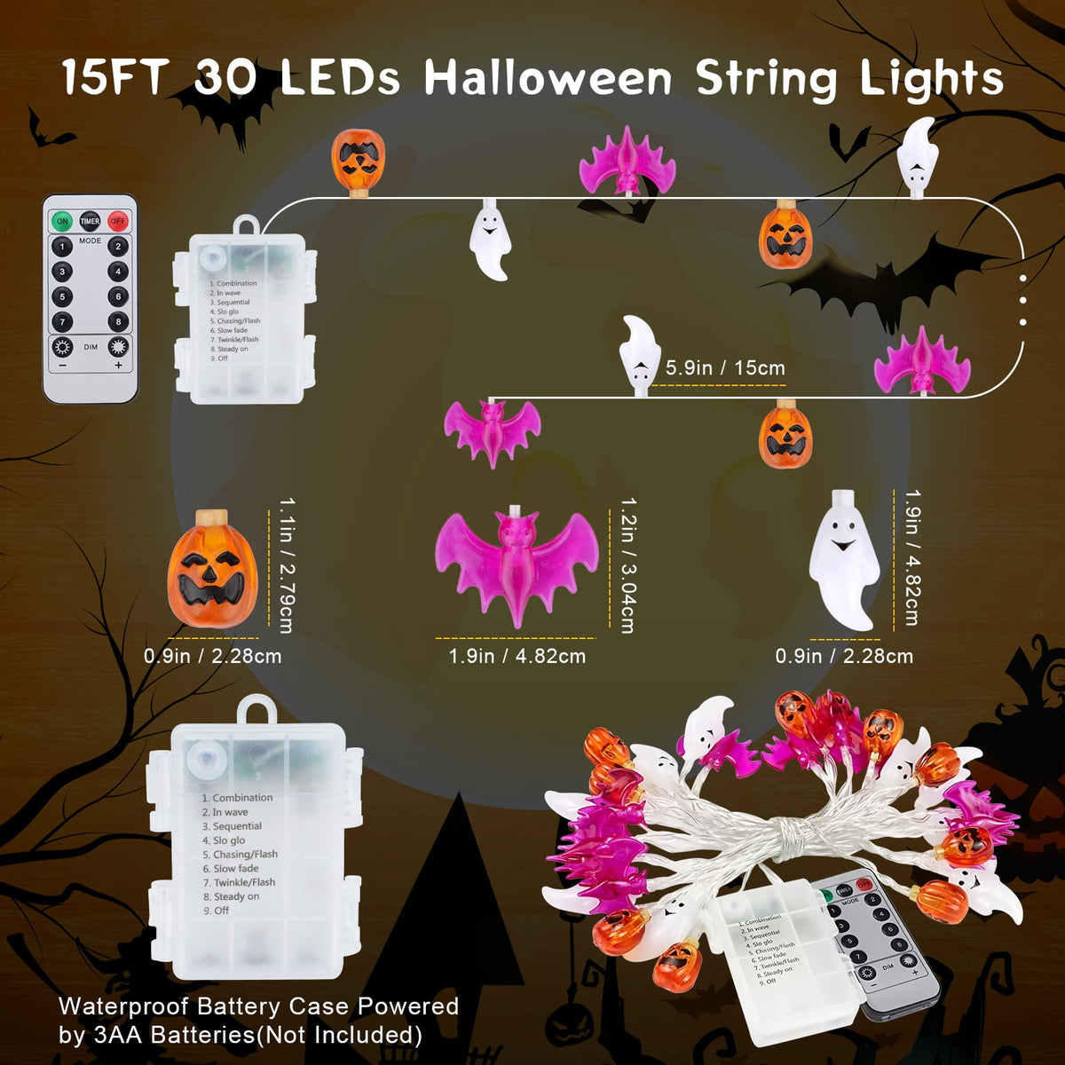 Qoosea Halloween Pumpkin String Lights, 20 LED 10.5ft 8 Modes Waterproof Orange Halloween Decorations Outdoor Indoor Bedroom Camper Party Decor