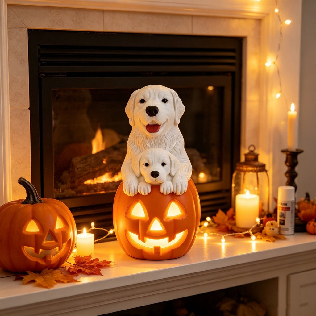 Clearance Halloween Schnauzer Bat Figurine with Ghost Bucket, 8 inch Resin Cute Dog Gifts Tabletop Decor