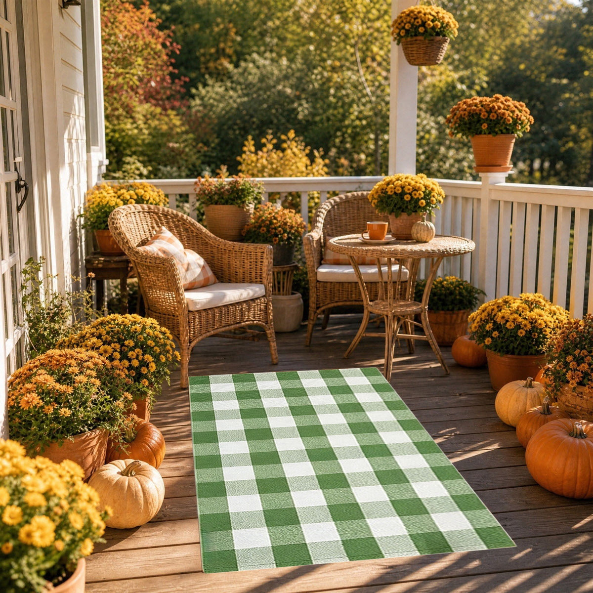 Orange Plaid Fall Outdoor Mat, Hand-Woven Porch Rug for Thanksgiving Halloween Door Decor