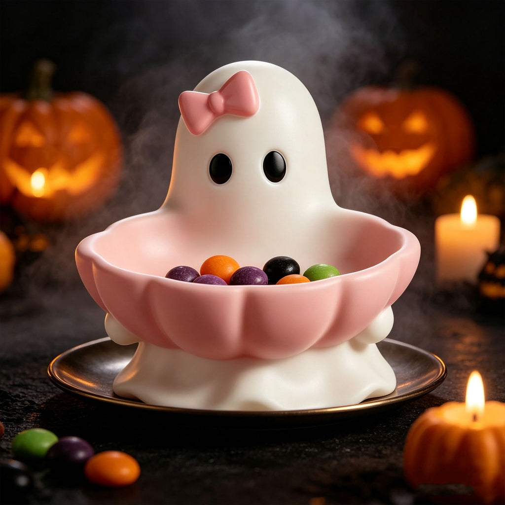 Pink Halloween Decor Ghost Candy Bowl Figurine with Bow and Scalloped Holder for Indoor Tabletop Decor and Party Favor Display