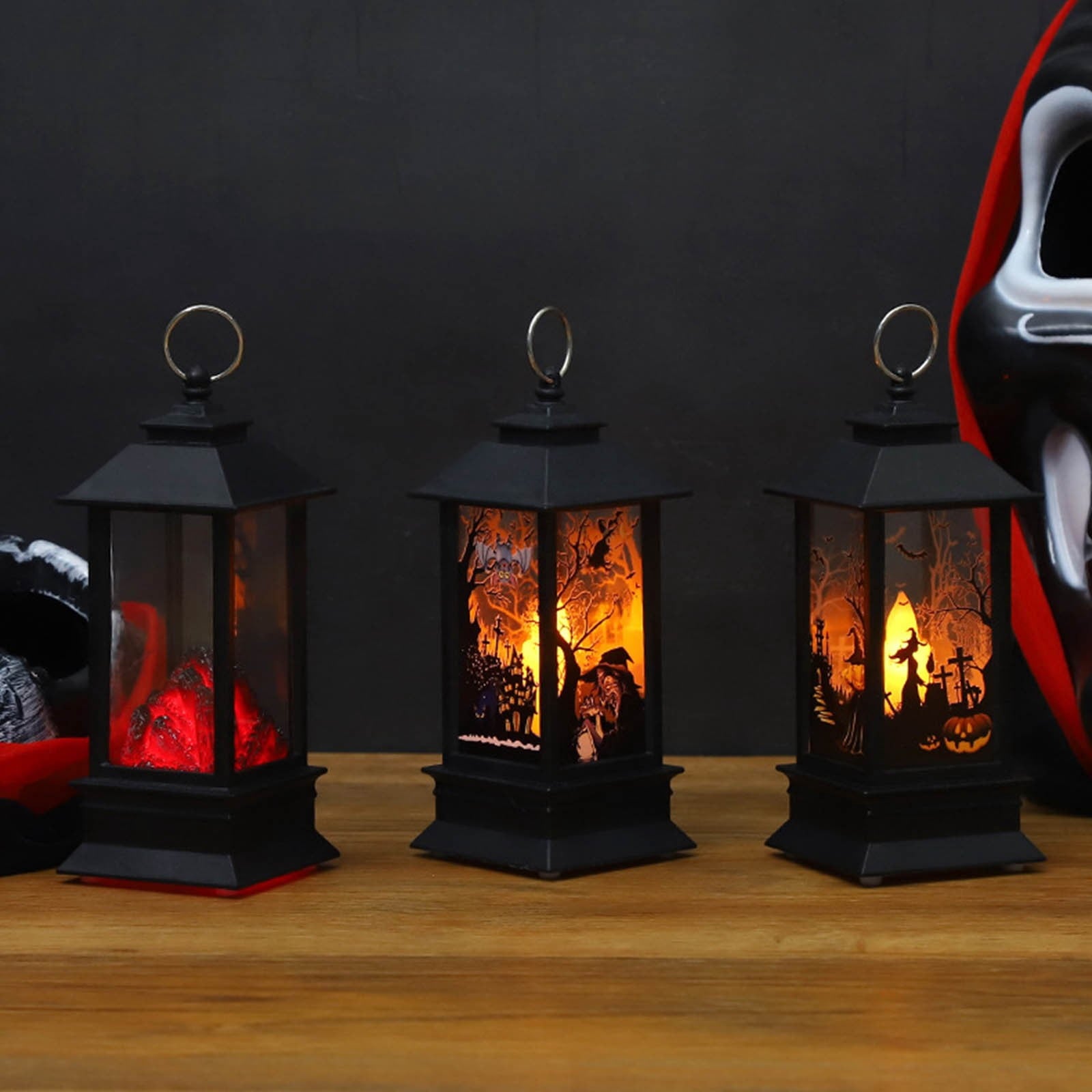 Lhrmh Halloween Decor - LED LED Hanging Lamp Candle Lantern with Skeleton and Pumpkin Designs for Portable Spooky Lighting