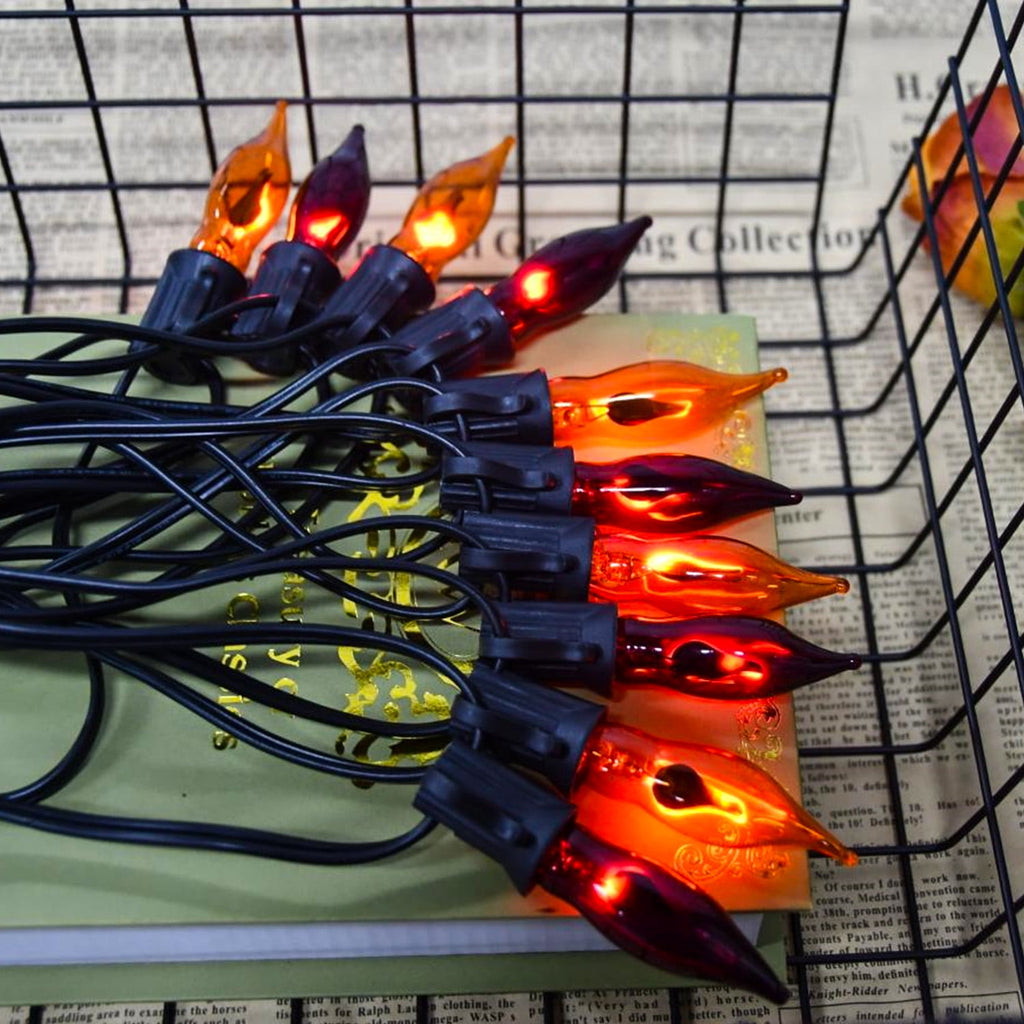 Halloween Lights Flickering Flame String Lights with 12 Pack C7 Orange Flame Light Bulbs (2 Spare), 12.8Ft Orange Flame String Lights for Indoor Outdoor Home Party Yard Halloween Decorations