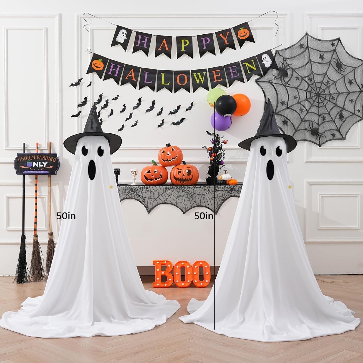 2Pcs Halloween Decorations Outdoor Ghost, DIY Ghost Kit Decor with Witch Hat Remote Control String Lights Halloween Decorations Indoor Halloween Ghost Lights for Porches Yards Gardens Lawn
