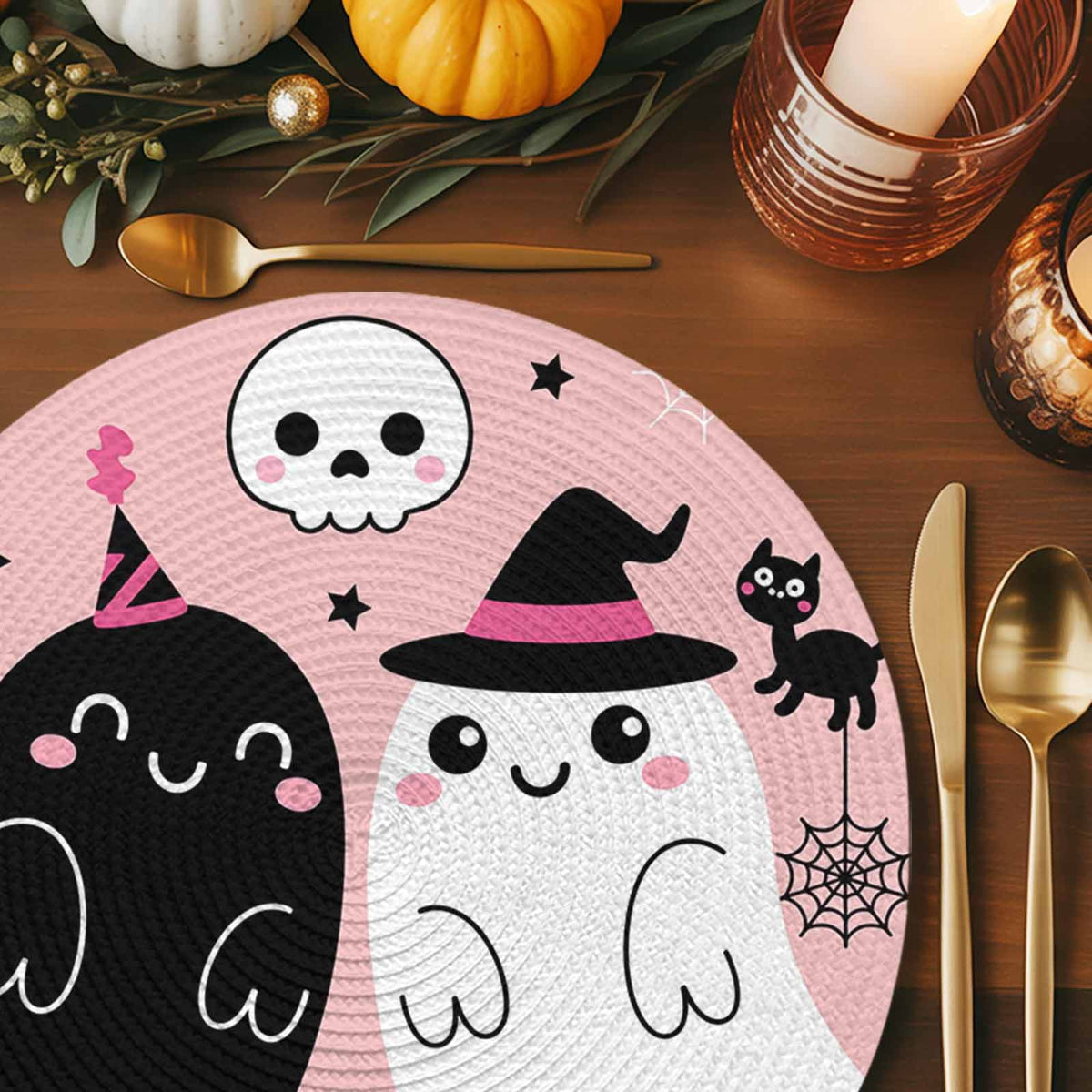 Halloween Round Placemats Set of 4 Cute Ghost Place Mats Washable Woven Placemat Spooky Skull Bat Cat Pumpkin Pink Circle Braided Table Mat for Kitchen Dining Table Holiday Party Home Decor 15 Inch