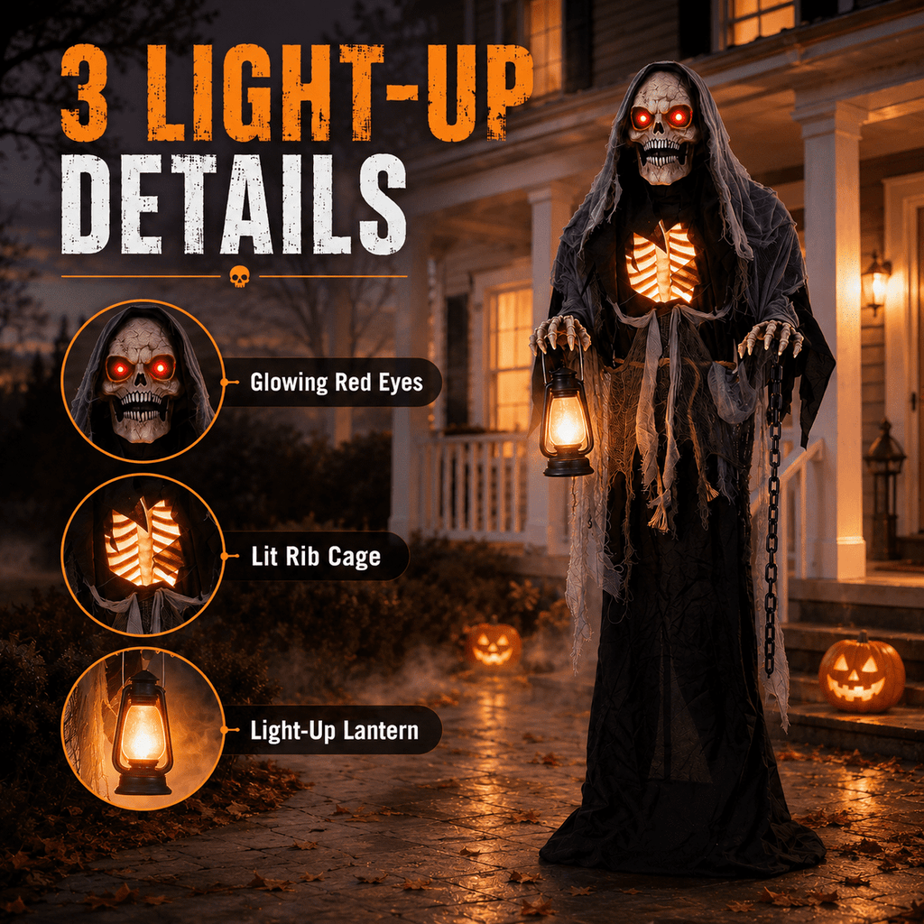 Romswi Halloween Decorations 5.5ft Standing Grim Reaper Animated with Light Up Eyes and Sound-Activated for Spooky Yard Garden Decor