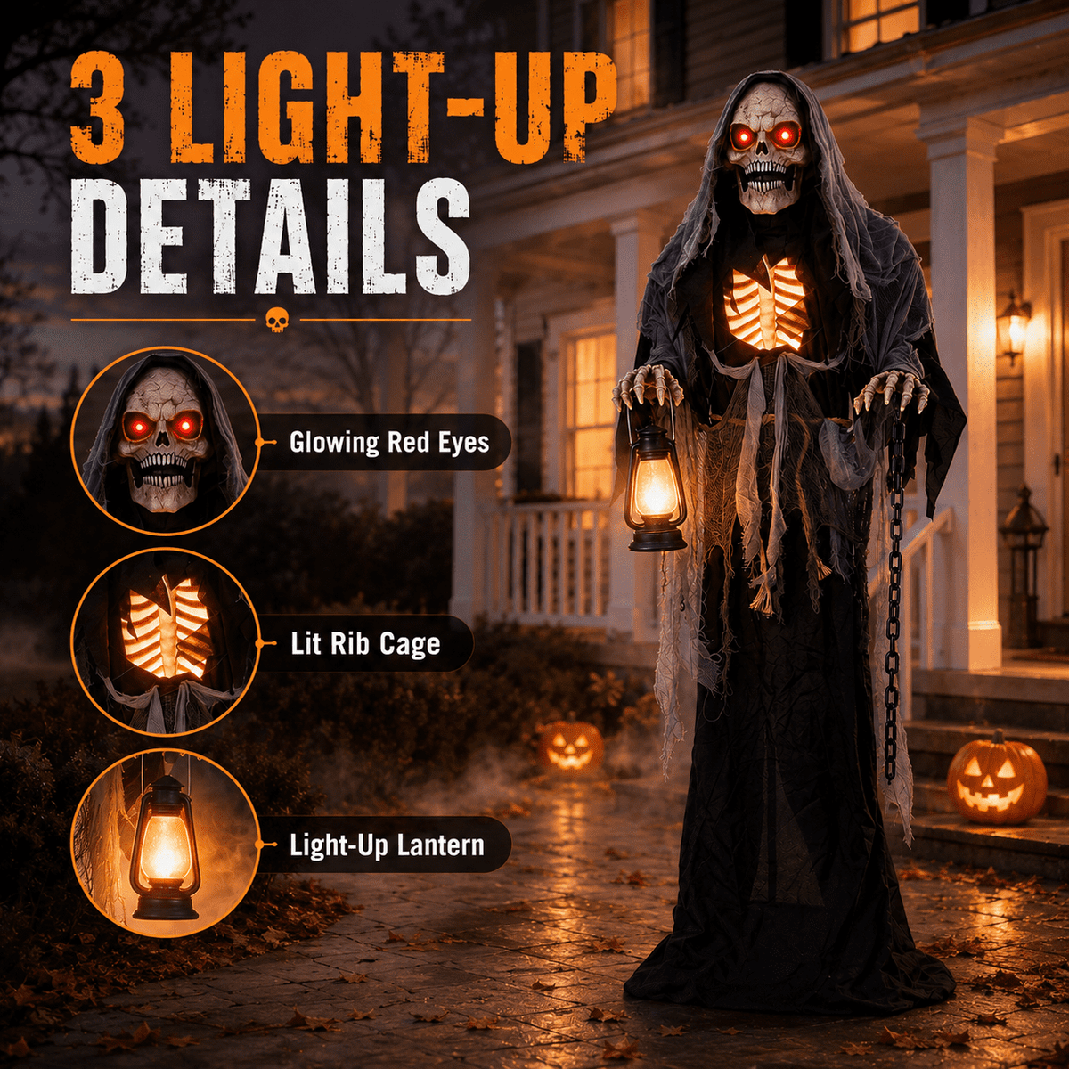 Romswi Halloween Decorations 5.5ft Standing Grim Reaper Animated with Light Up Eyes and Sound-Activated for Spooky Yard Garden Decor