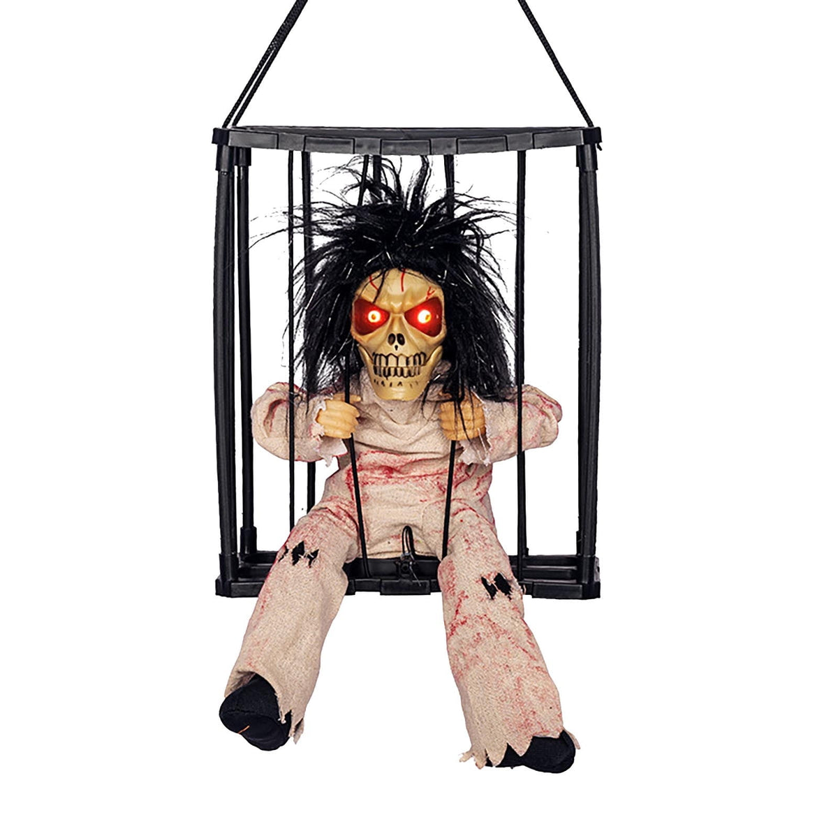 Comefolife Scary Animated Halloween Decorations, Decor Prop with Motion Sensor activated halloween, Skull Cage Prisoner Haunted House Decor, Spooky Hanging Ghost Light Up Eyes Decorations Pranks